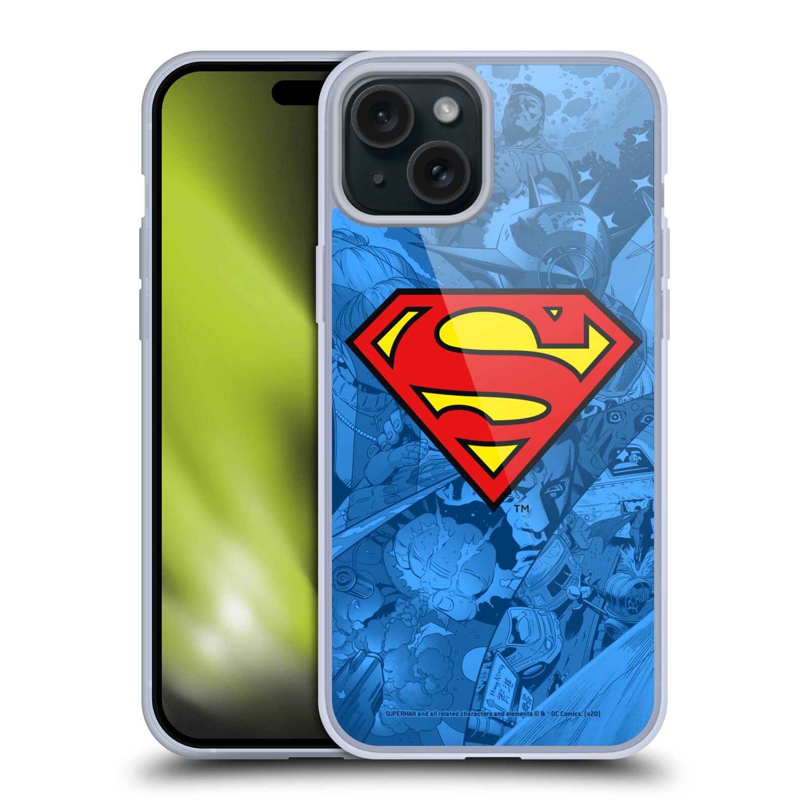 Silikonové lesklé pouzdro na mobil Apple iPhone 15 Plus - Superman DC Comics Comicbook Art Collage (Silikonový lesklý kryt, obal, pouzdro na mobilní telefon Apple iPhone 15 Plus s licencovaným motivem Superman DC Comics Comicbook Art Collage)