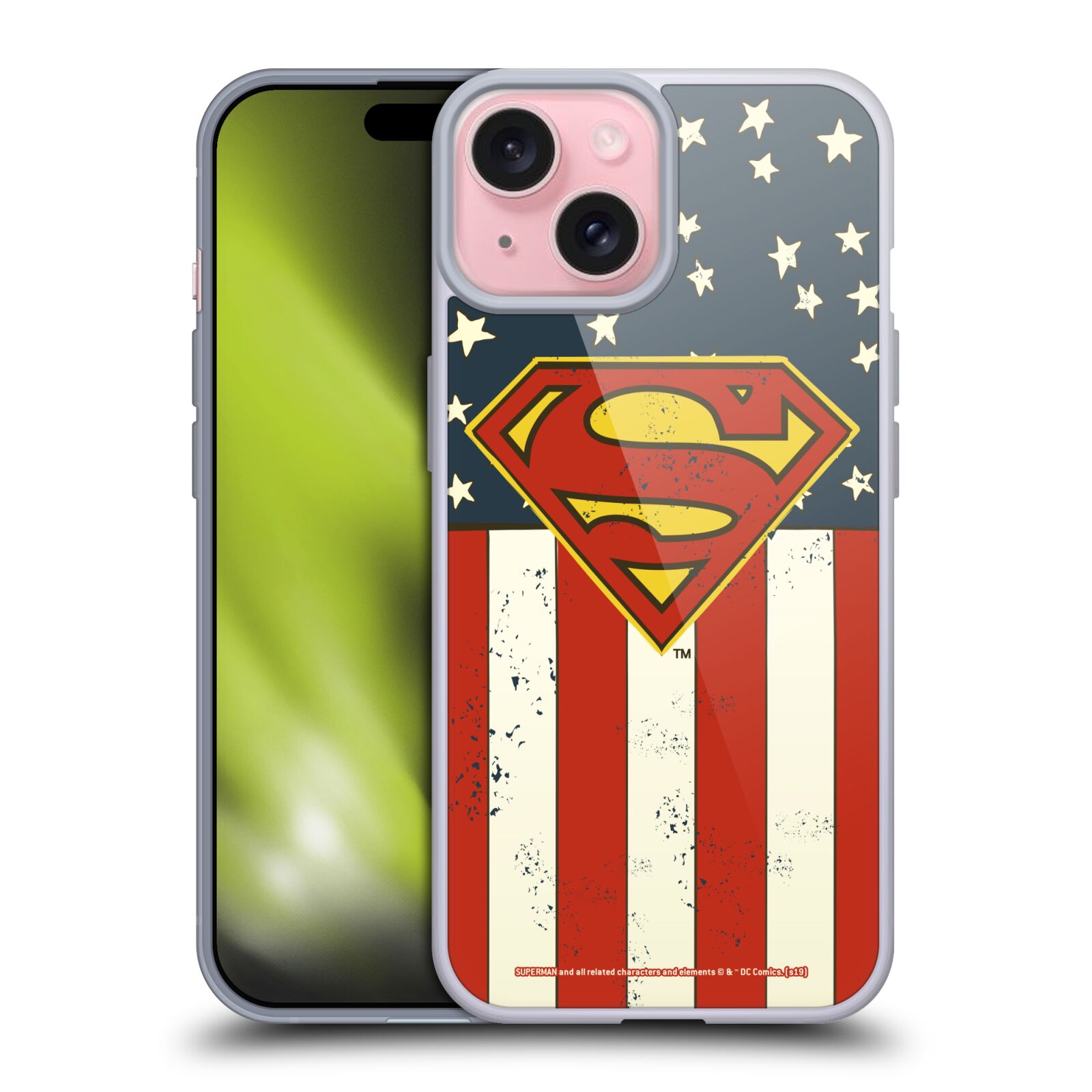 Silikonové lesklé pouzdro na mobil Apple iPhone 15 - Superman DC Comics Logos U.S. Flag (Silikonový lesklý kryt, obal, pouzdro na mobilní telefon Apple iPhone 15 s licencovaným motivem Superman DC Comics Logos U.S. Flag)
