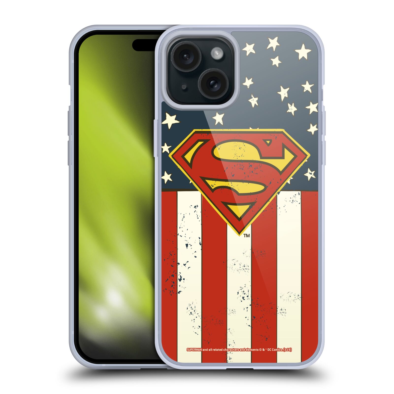 Silikonové lesklé pouzdro na mobil Apple iPhone 15 Plus - Superman DC Comics Logos U.S. Flag (Silikonový lesklý kryt, obal, pouzdro na mobilní telefon Apple iPhone 15 Plus s licencovaným motivem Superman DC Comics Logos U.S. Flag)