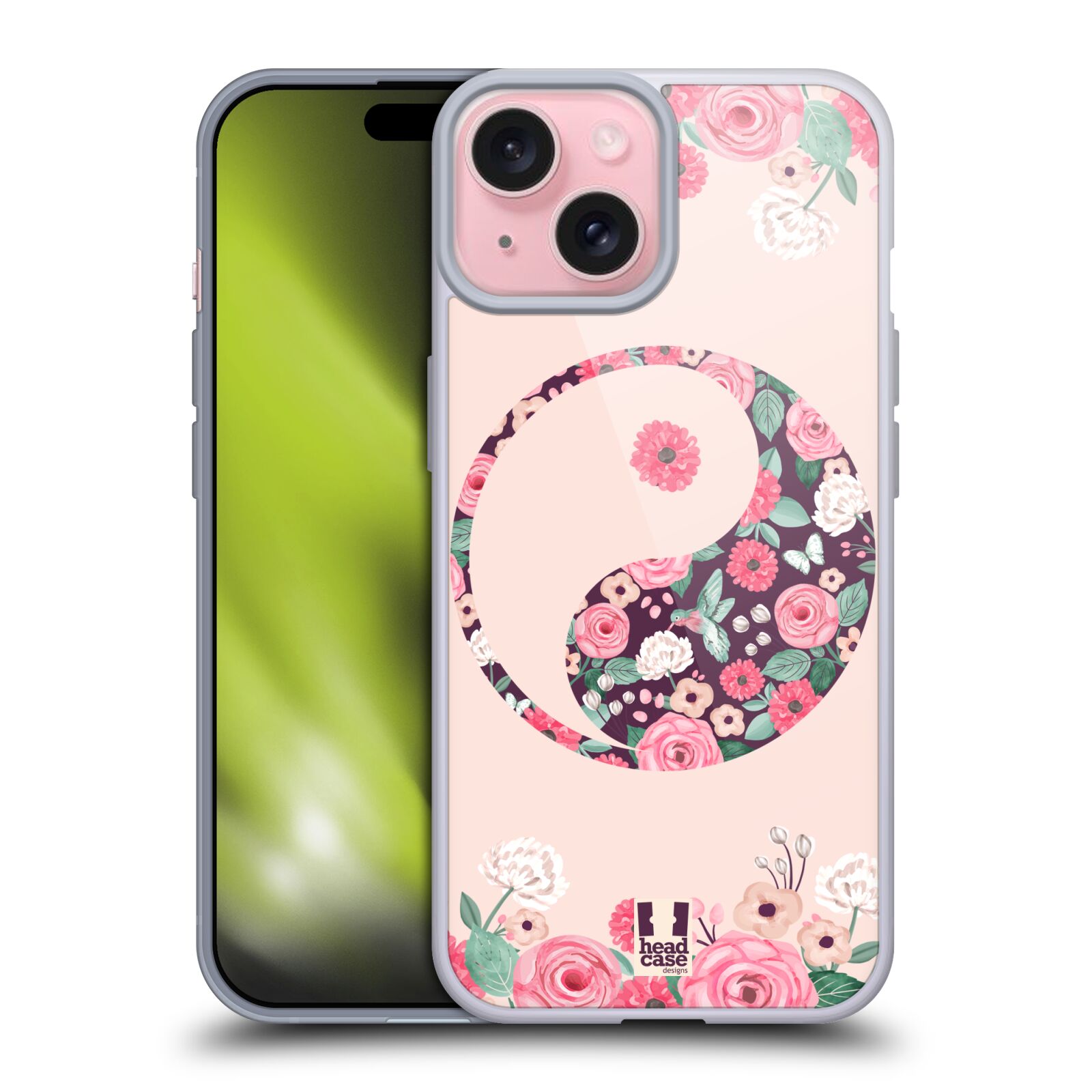 Silikonové lesklé pouzdro na mobil Apple iPhone 15 - Head Case - Yin a Yang Floral (Silikonový lesklý kryt, obal, pouzdro na mobilní telefon Apple iPhone 15 s motivem Yin a Yang Floral)